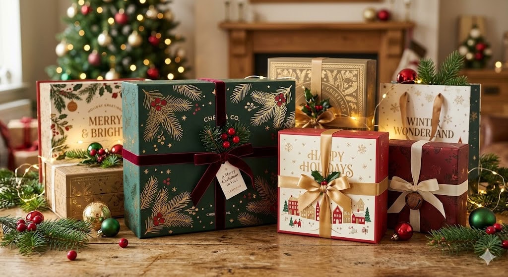 Festive holiday packaging design featuring Christmas gift boxes and bags in red, green, and gold tones, decorated with ribbons, holly, and holiday illustrations.