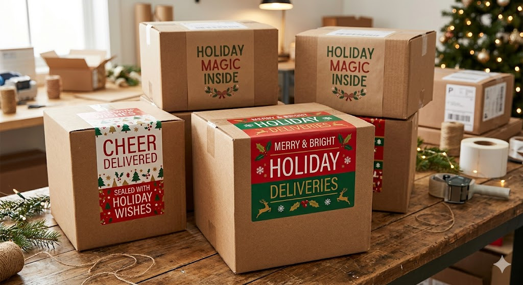 Kraft shipping boxes decorated with colorful holiday-themed labels.