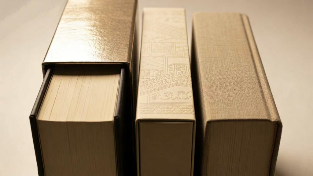Drei hochwertige Hardcover-Buchrücken: glänzender Goldschuber, geprägtes Dekor und strukturierter Stoffeinband, die luxuriöse Buchumschlag-Oberflächen präsentieren.