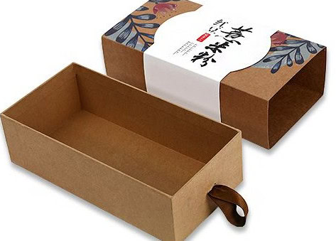Decorative kraft rigid sliding drawer gift boxes with printed belly band, eco-friendly paper packaging for tea and specialty food products.