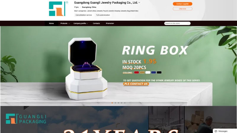 the home page of  Guangli Jewelry Packaging