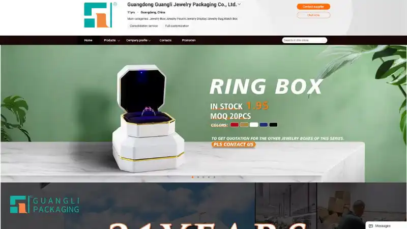the home page of  Guangli Jewelry Packaging