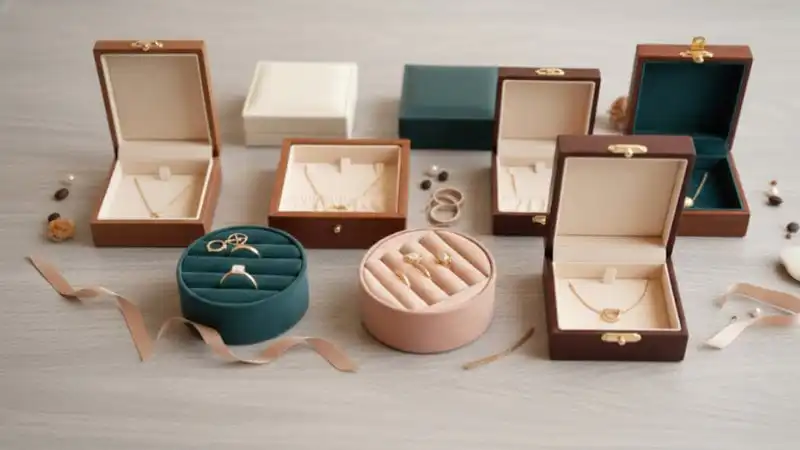 Various luxury jewelry box styles in wood and velvet materials