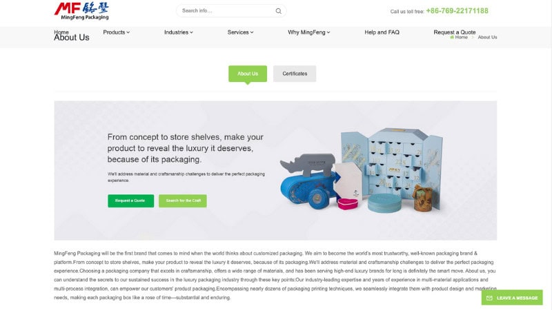 the home page of Mingfeng Packaging
