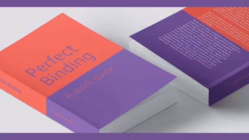 Two perfect-bound books titled "Perfect Binding: A quick guide" with orange-purple color-blocked covers, displayed on a light gray surface to showcase the square spine and clean edge finish.