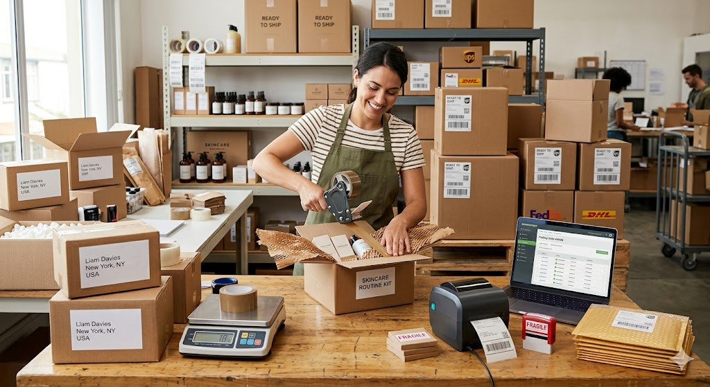 E-commerce warehouse worker packing skincare orders with shipping boxes, a scale, label printer and laptop in a fulfillment station.