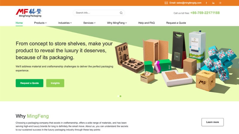 the home page of Dongguan Mingfeng Packaging Co., Ltd.