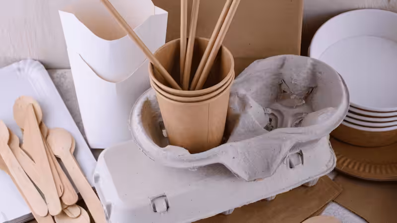 Umweltfreundliches Einweggeschirr und -verpackungen, darunter Pappbecher, Holzbesteck und geformte Zellstoffbehälter.