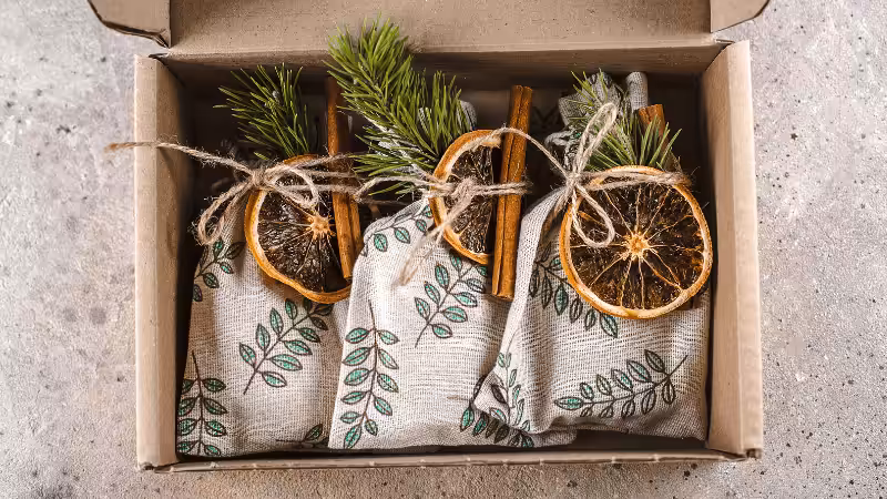 Umweltfreundliche Geschenkbeutel aus Stoff, verziert mit getrockneten Orangenscheiben, Zimtstangen und Kiefernzweigen, arrangiert in einer Kraftpapierbox.