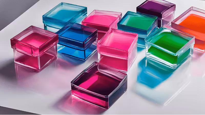 several UV ink boxes in bright blue, pink and green