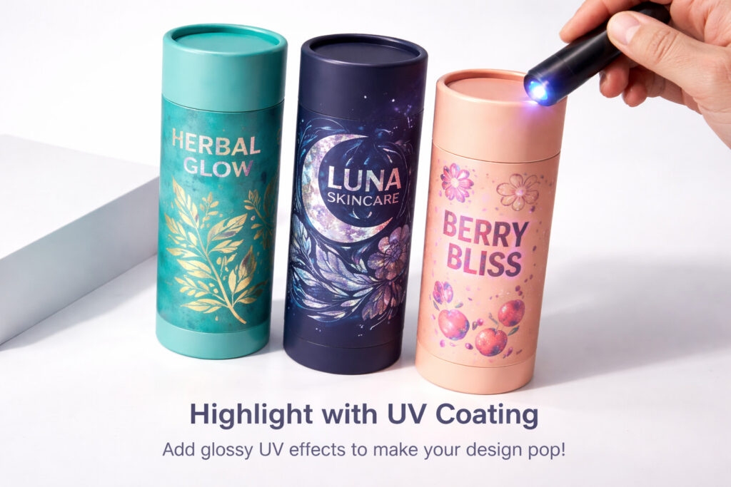 Full-color digital and decorative printing on cylindrical packaging tubes showing vibrant logos and intricate designs