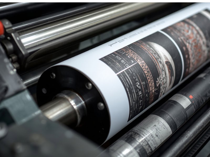 Close‑up view of offset printing machine rollers with printed artwork running through industrial offset printing equipment
