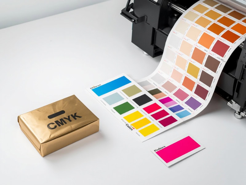 CMYK color palette samples used for accurate color calibration in offset printing production