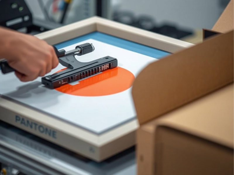 Close‑up of hand operating screen printing equipment with Pantone color calibration for offset printing customization