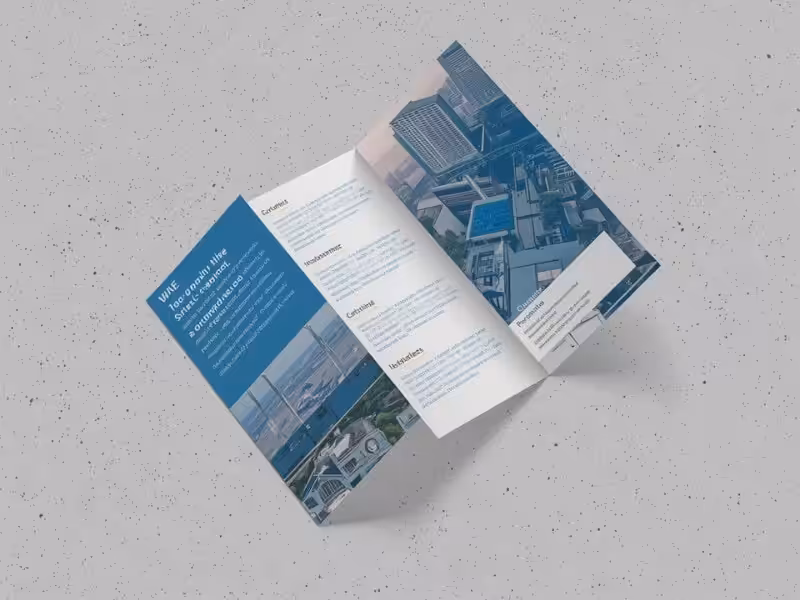 Top‑down view of folded tri‑fold corporate brochure template featuring cityscape visuals and structured text layout for business promotion