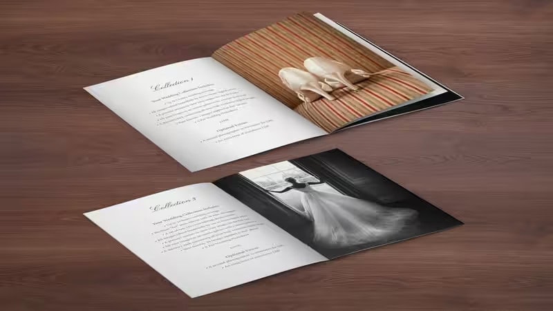 Umweltfreundliche Hochzeitsbroschüren mit elegantem Design, gedruckt auf nachhaltigem Papier für eine hochwertige, umweltfreundliche Marketinglösung.