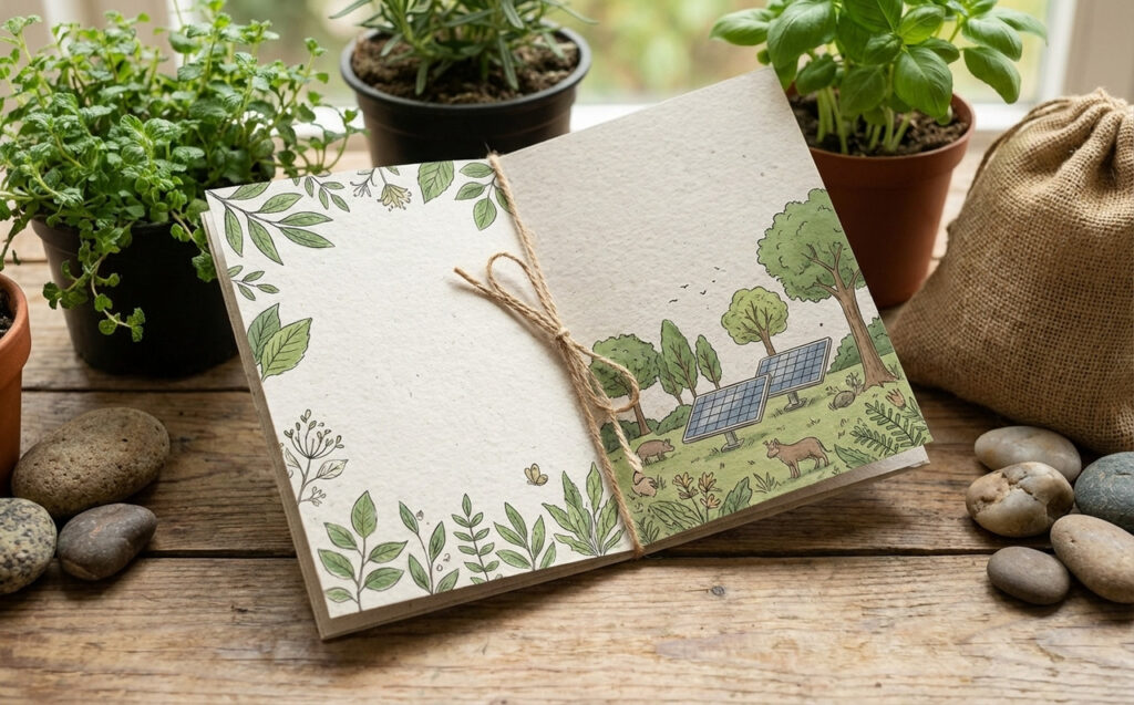 Handmade eco-friendly brochure with nature illustrations, printed on sustainable recycled paper for green marketing.