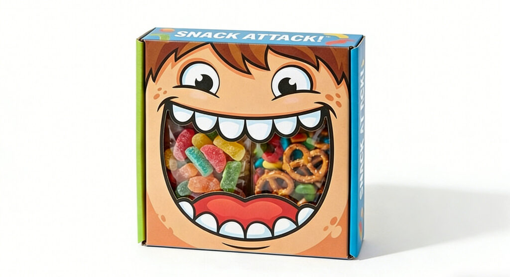 playful character packaging box with cartoon monster face and snack product window cutout