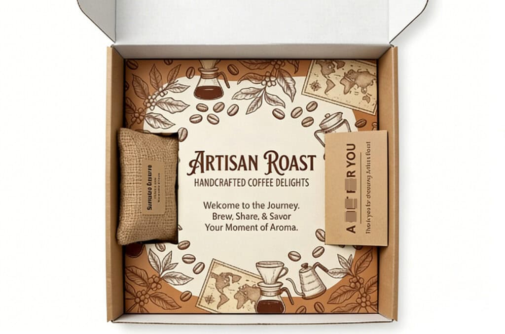surprise element sample insert packaging box with coffee brand message and gift card