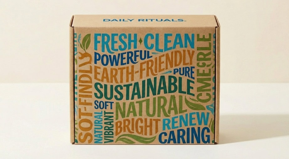 typography and color psychology packaging box with brand attribute words arranged in all over pattern