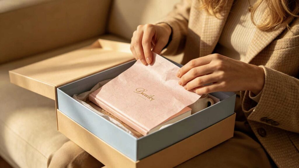 Exquisite custom gift box with premium inner packaging, pink tissue paper framing contents, warm sunlight, luxury unboxing design, elevating customer experience through thoughtful packaging details.