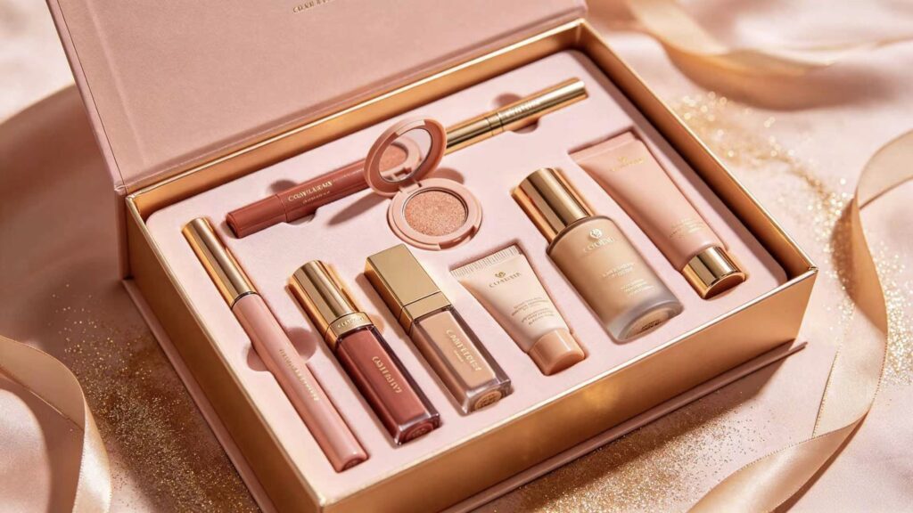 Pink and gold gradient background, exquisite custom gift box opened, filled with delicate skincare and makeup sample products, elegant high-end aesthetic, soft lighting, minimalist luxury style.