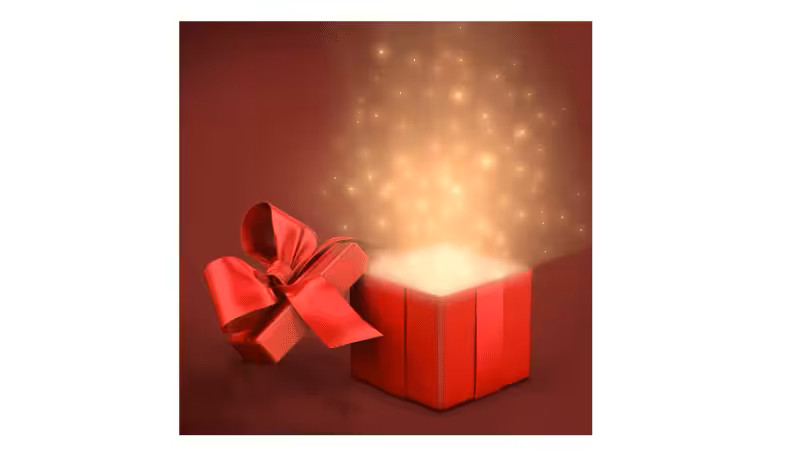 Red uniquely shaped gift box with a large red bow, opening to release glowing golden sparkles for a memorable unboxing experience.
