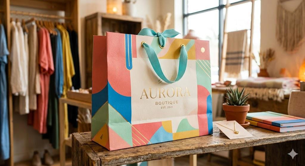 Colorful geometric shopping bag with gold 'AURORA BOUTIQUE' logo and turquoise ribbon handle, in a cozy clothing boutique