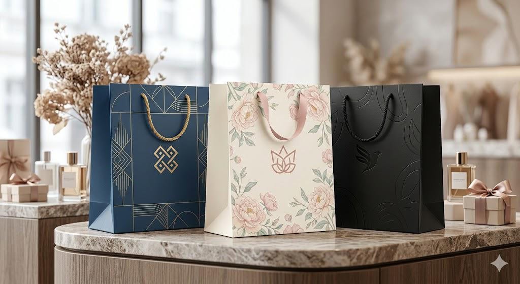 Three luxury gift paper bags in navy blue, floral pink, and matte black designs displayed on a marble countertop, with perfume bottles and dried flowers in the background