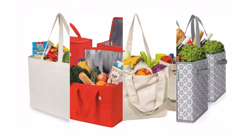 A variety of grocery bags are shown in different colors.