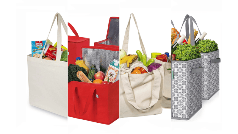 A variety of grocery bags are shown in different colors.