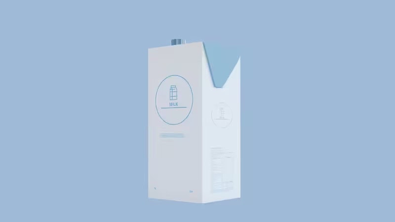A minimalist milk carton with a simple blue-and-white design rests on a light blue background. It has a milk bottle icon, text label, clean lines, and very little decoration.