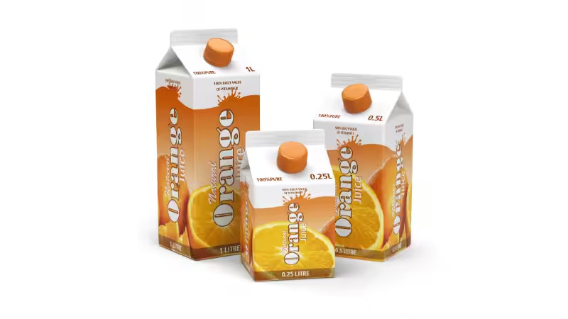 Three orange juice cartons in 1L, 0.5L and 0.25L stand together. Each is white with orange details, printed with orange slices and topped with an orange cap.