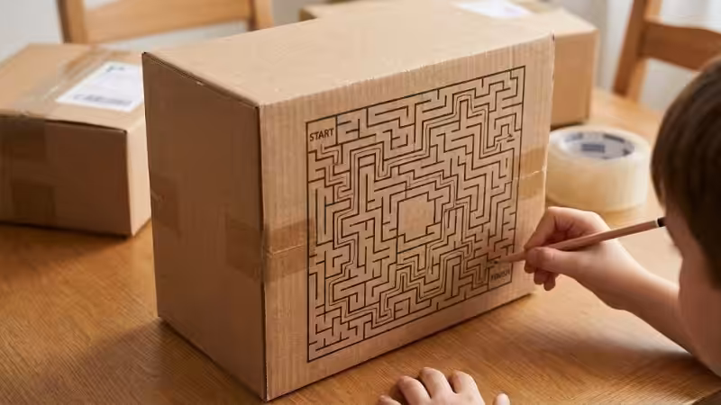 a kid is playing the maze on the bottom of a shipping box