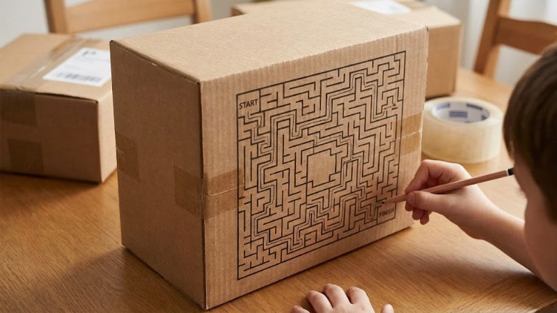 a kid is playing the maze on the bottom of a shipping box