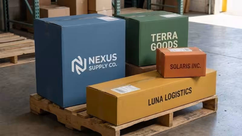 several shipping boxes in different colors