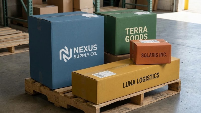 several shipping boxes in different colors
