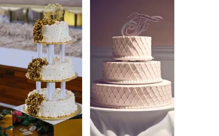 Two elegant wedding cakes: a 3-tier stand cake with gold roses, and a 3-tier diamond-patterned cake with a monogram topper.