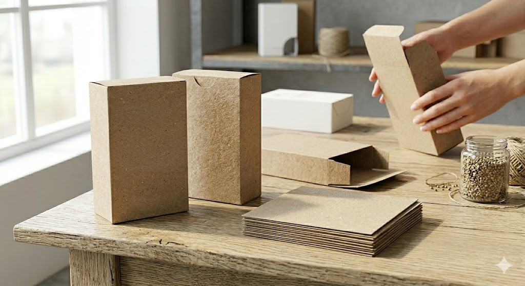 Mani che assemblano scatole di cartone pieghevole in carta kraft naturale su un tavolo di legno, con scatole piatte, parzialmente piegate e completamente assemblate in mostra.