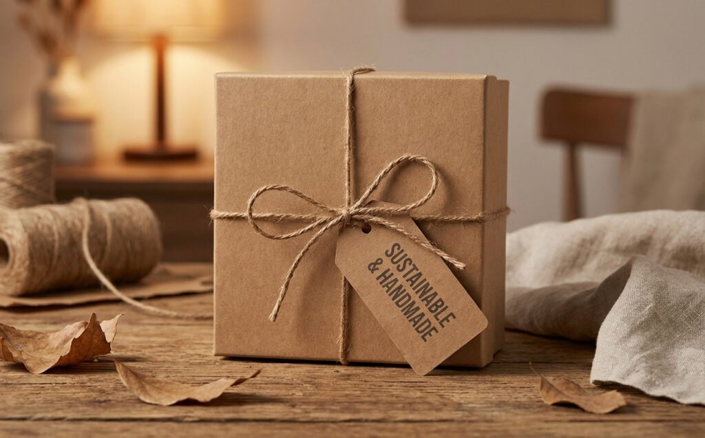 Umweltfreundliche Kraftpapier-Geschenkbox, mit Naturkordel verschlossen und mit einem Etikett mit der Aufschrift „Nachhaltig & Handgefertigt“ versehen.