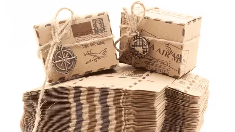 Vintage-Aufkleber für Luftpost-Geschenkboxen aus Kraftpapier mit Anhängern aus Kordel und Kompass.