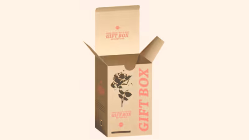 Offene Geschenkbox aus Kraftpapier mit Klappdeckel, Rosenmuster und dem Aufdruck „GESCHENKBOX“.