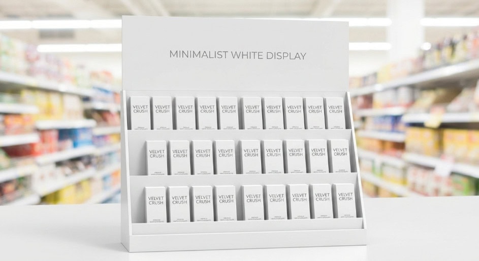 minimalist white counter display box with clean design