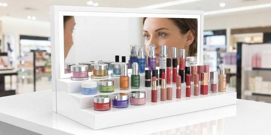 mirror equipped cosmetic display box with built in mirror at eye level
