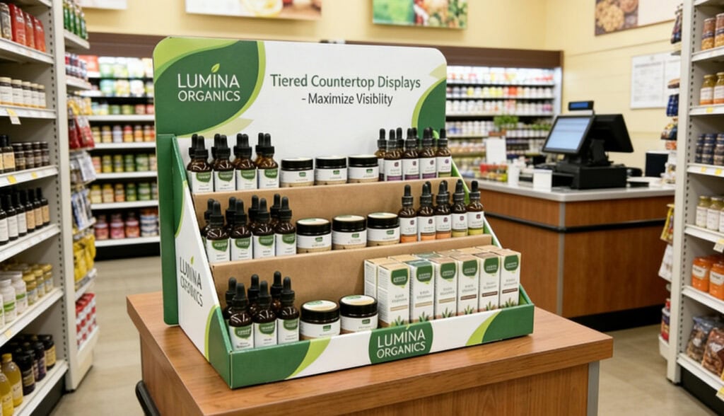 tiered countertop display box with products arranged on multiple levels for retail shelf