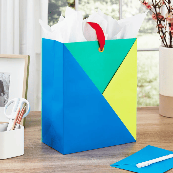 paper bags with color blocks
