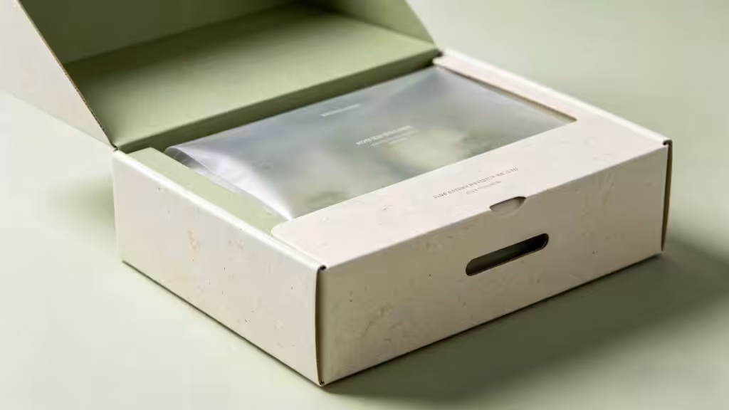 Minimal eco-friendly PR box with natural speckled paper and green accents, holding a frosted plastic pouch, on a light green background.