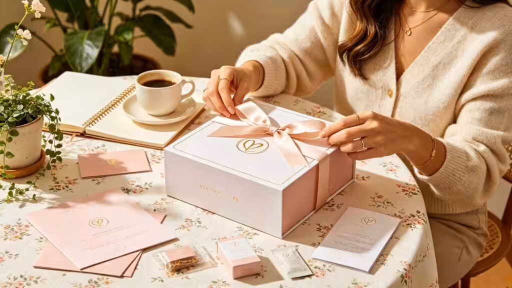Woman opening a luxury pink and white PR gift box with gold logo, surrounded by stationery, coffee, and plants on a floral tablecloth.