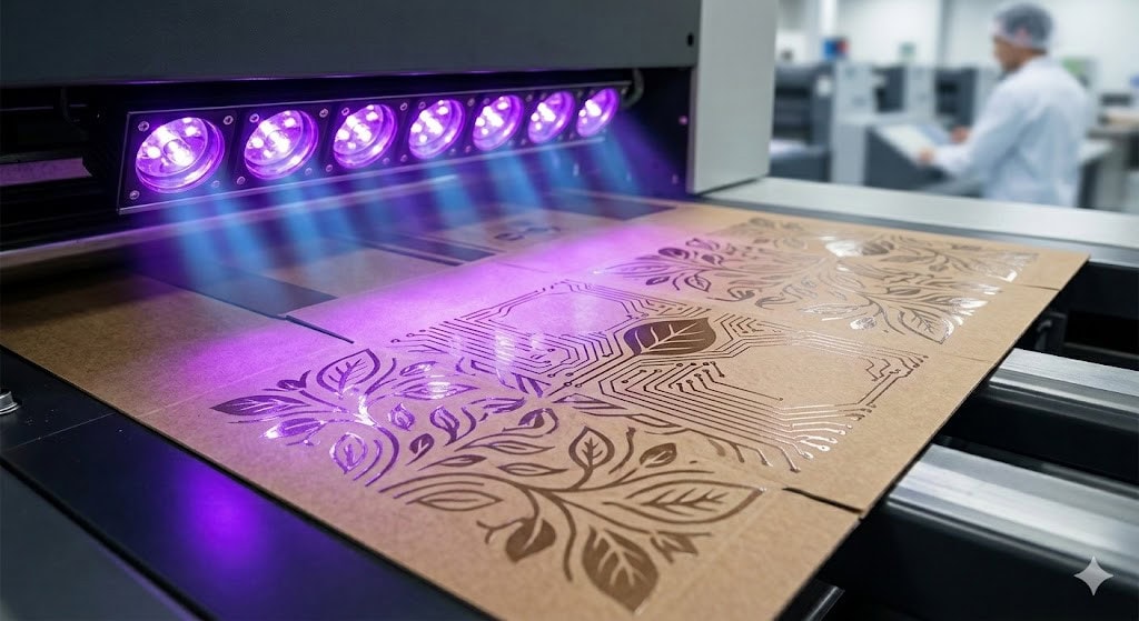 UV LED printer curing UV ink on kraft paper packaging with decorative leaf patterns in a printing factory.