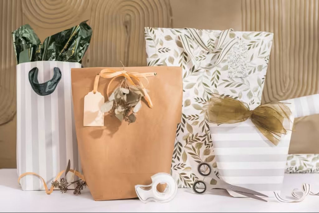 Elegant assortment of eco-friendly gift bags featuring kraft paper, leaf patterns, and striped designs, arranged for gift wrapping with scissors and ribbon.